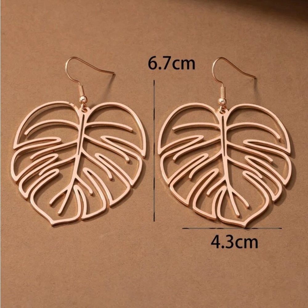 Golden Monstera Leaf Holographic Cut-out Dangle Earrings - Picture 2 of 2